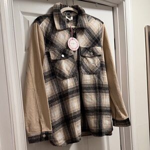 Umgee Plus Womens Shacket Jacket Shirt Large Plaid Black Taupe Pockets